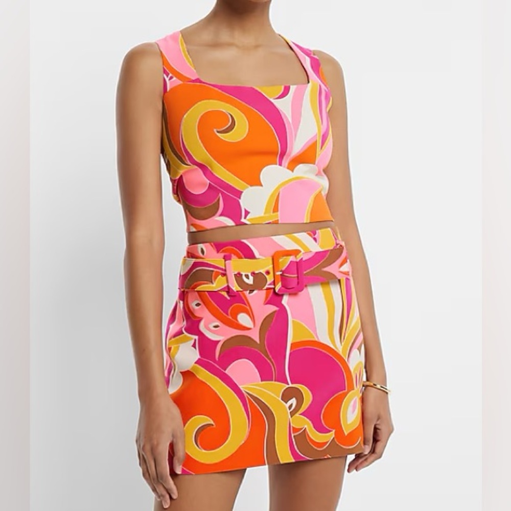 Express Women's Vibrant Pink Orange Floral Print Skirt Set